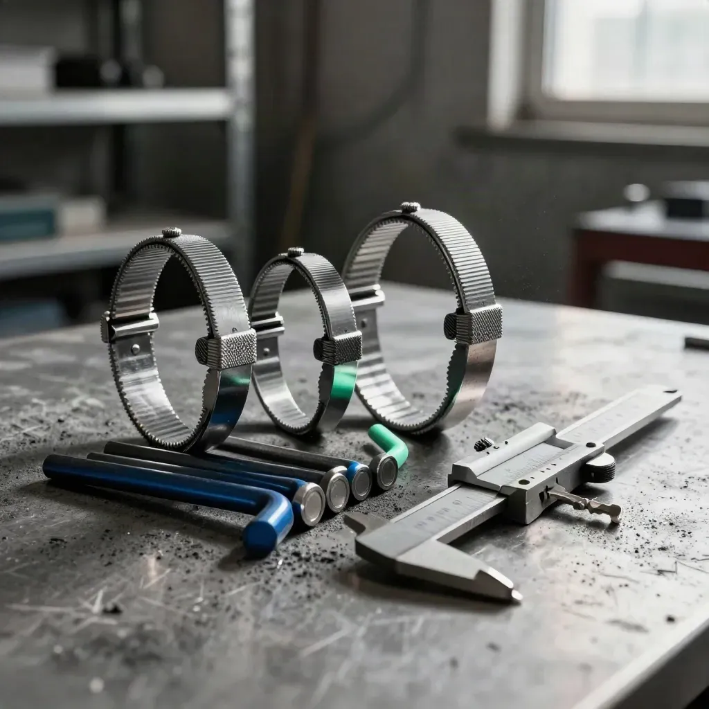 Machinist clamps, hex keys and caliper case on a brushed metal bench in dramatic light.