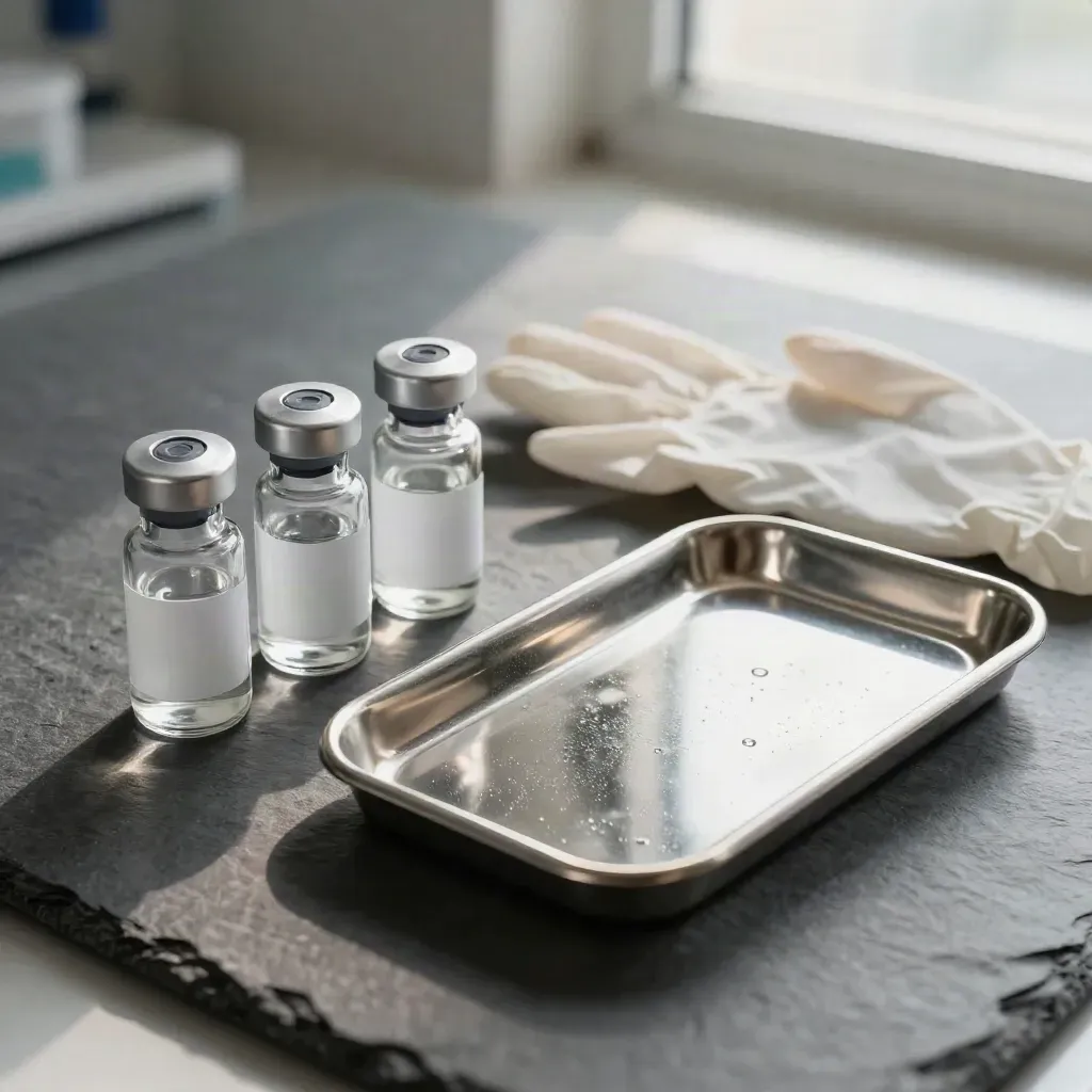 Top-down lab still life with glass vials, glove box and stainless sample tray.