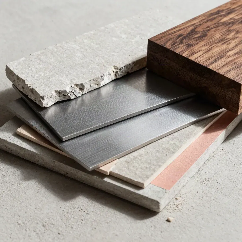 Macro of stone chips, metal swatches, and a walnut joinery block on concrete