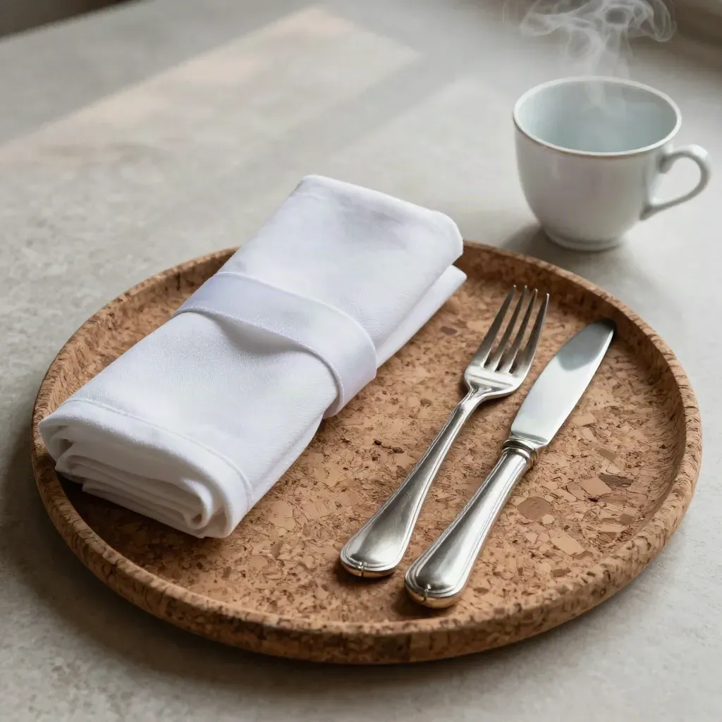 Overhead hospitality service kit with linen rolls, cutlery sleeves, and cork tray in soft daylight