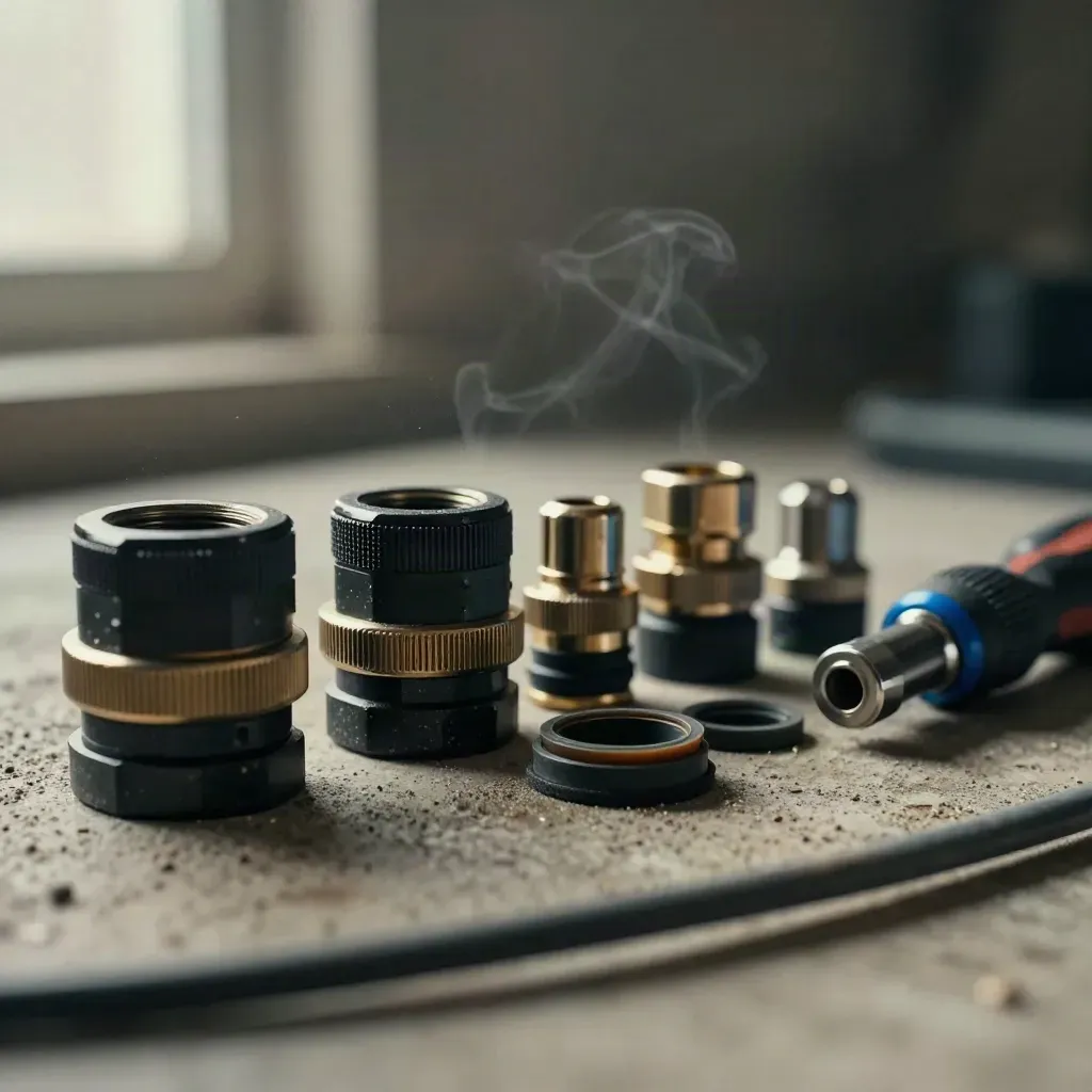 Macro still life of cable glands, sealed connectors and a torque driver on concrete.