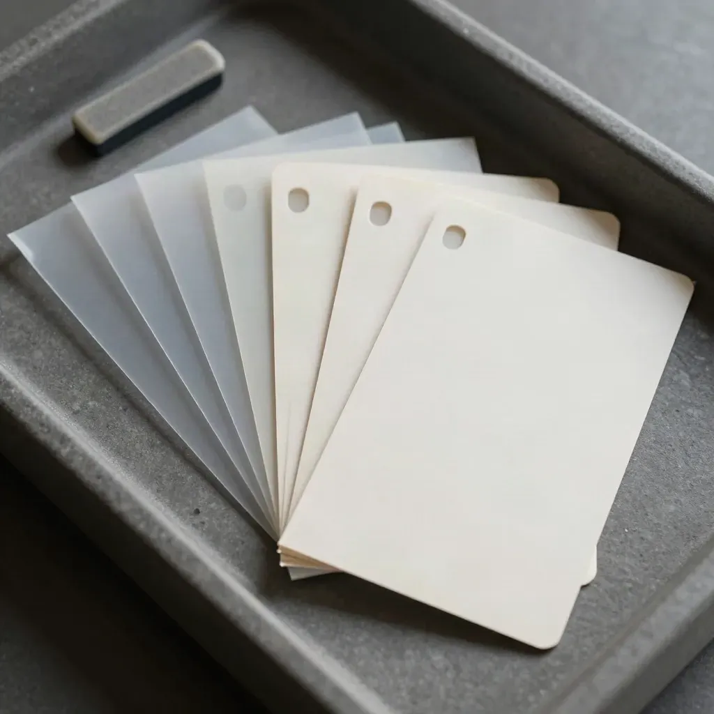 Macro of archive sleeves, a card pusher, and turned contact cards on a stone tray.