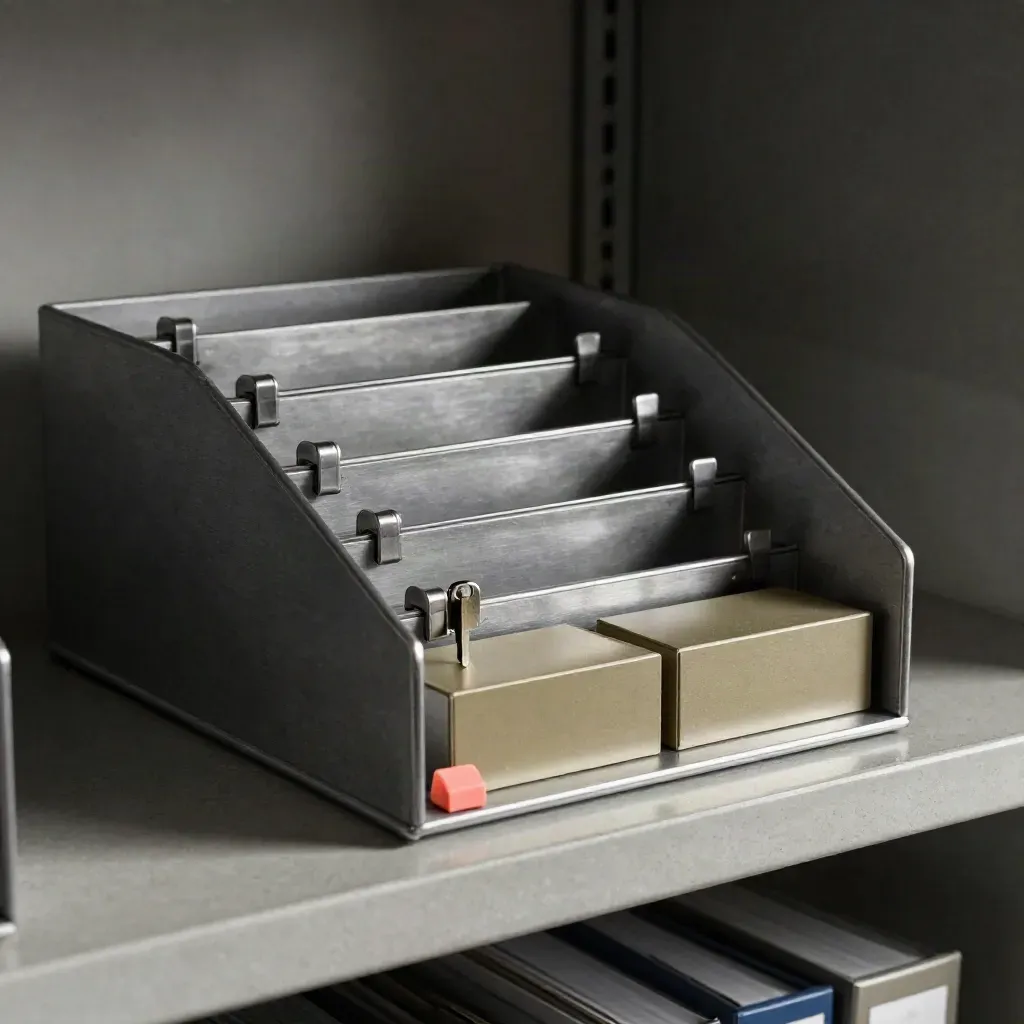 Metal filing dividers and blank stage blocks staged on a concrete archive shelf.