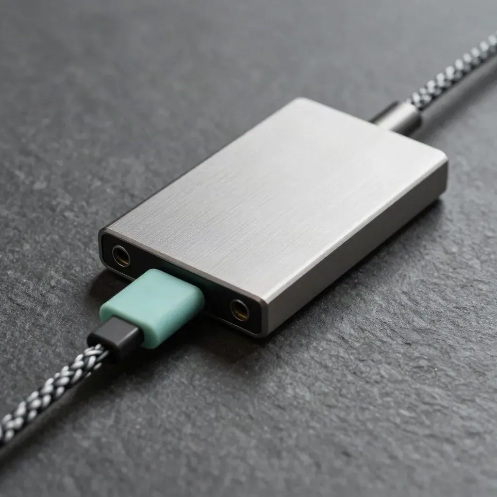 Brushed-metal SSD and braided cable with adapters on dark stone, top-down macro