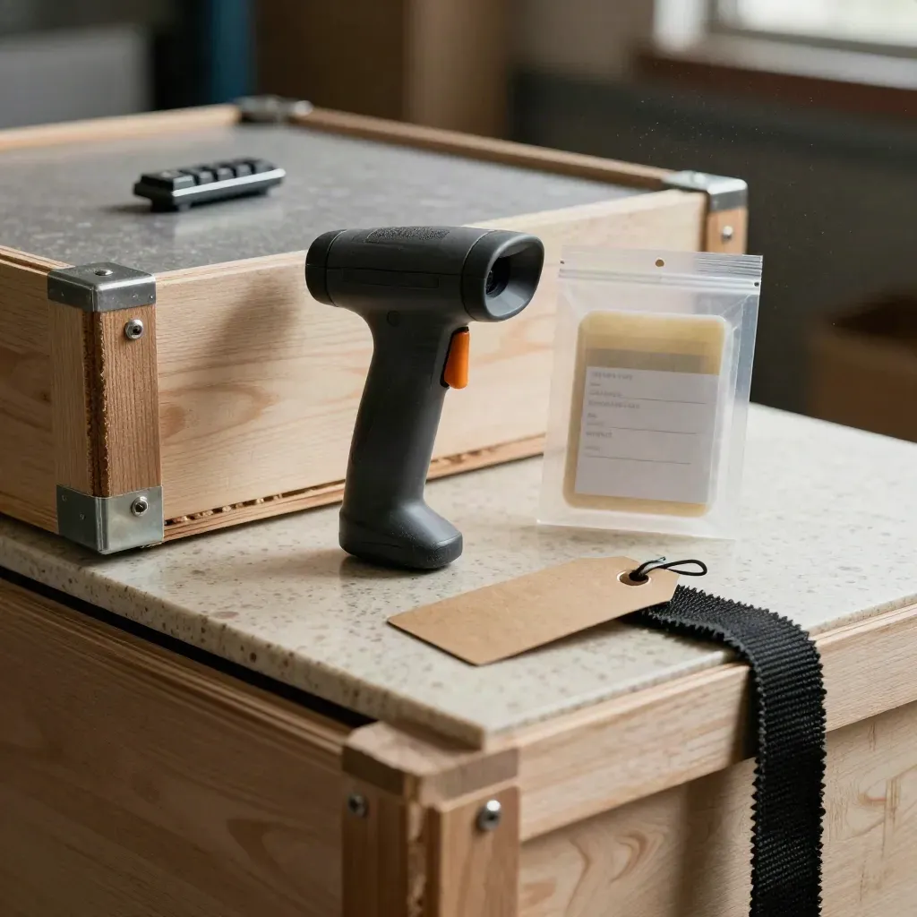 Barcode scanner, blank tags, and label pouch beside a packed crate on travertine under moody light.