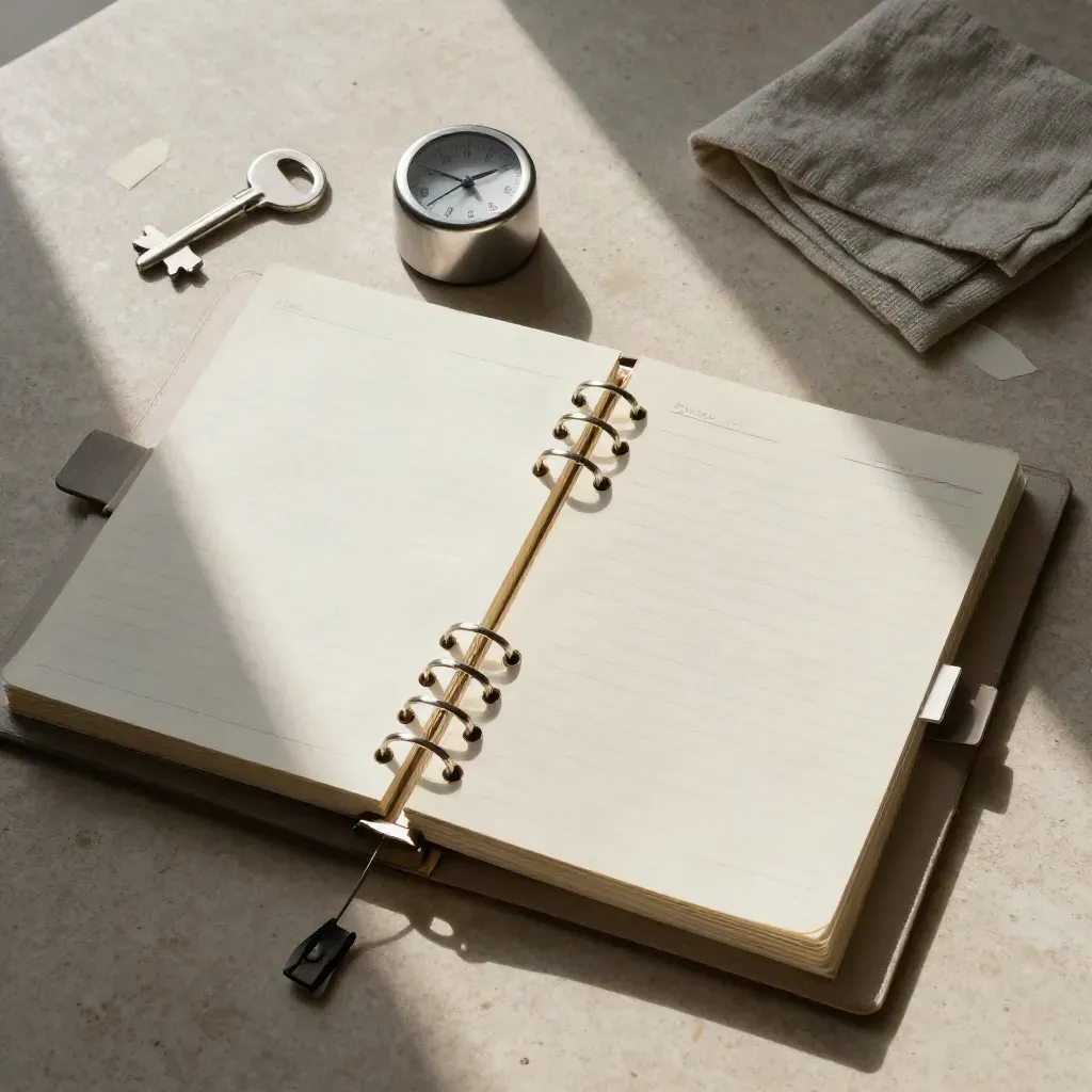 Open cream binder, divider tabs, and metal timer on stone in dramatic top-down light.