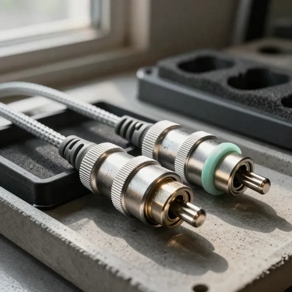 Adapter plugs joined by a bridge cable resting in a foam case insert.