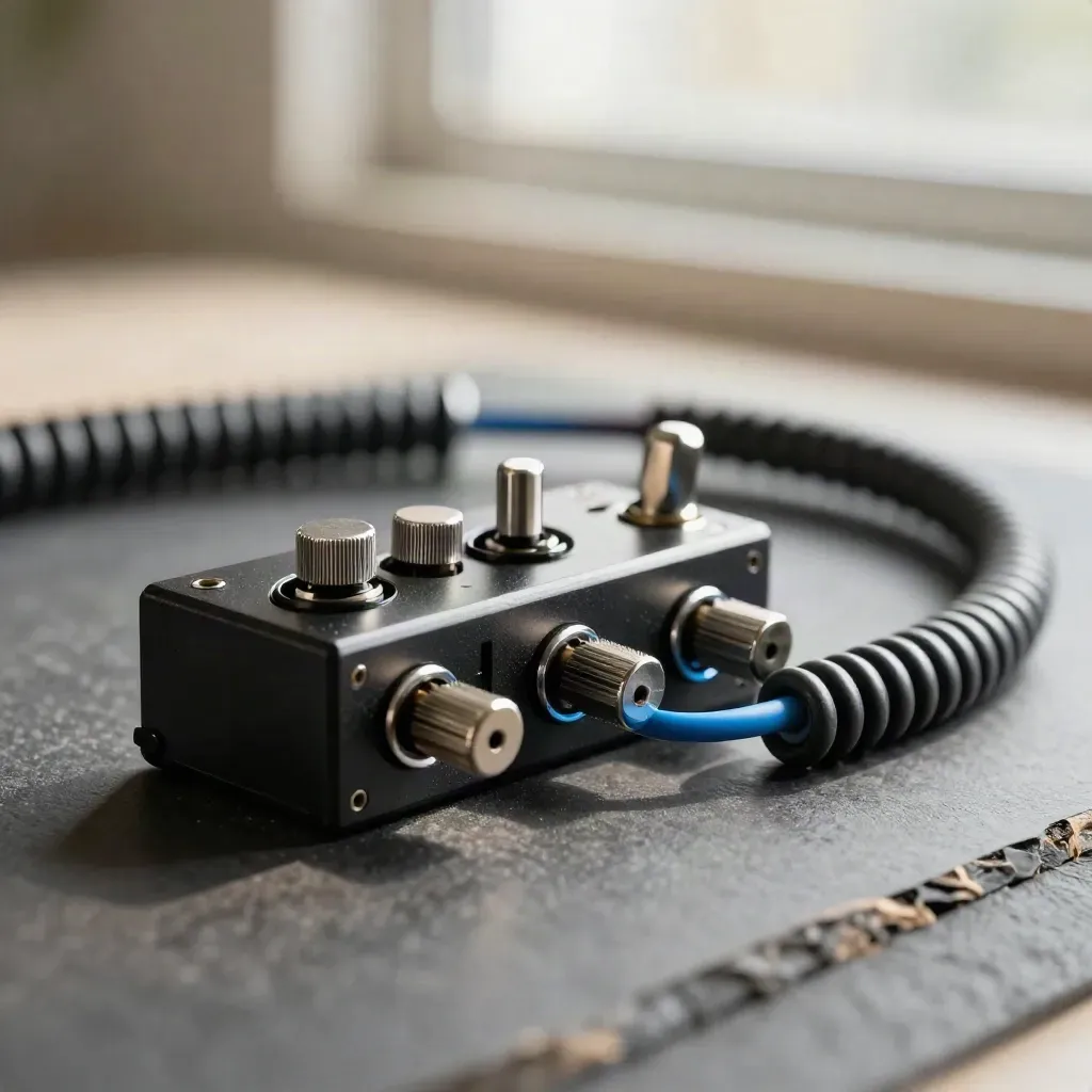 Macro relay block with toggle switches and coiled lead on graphite surface