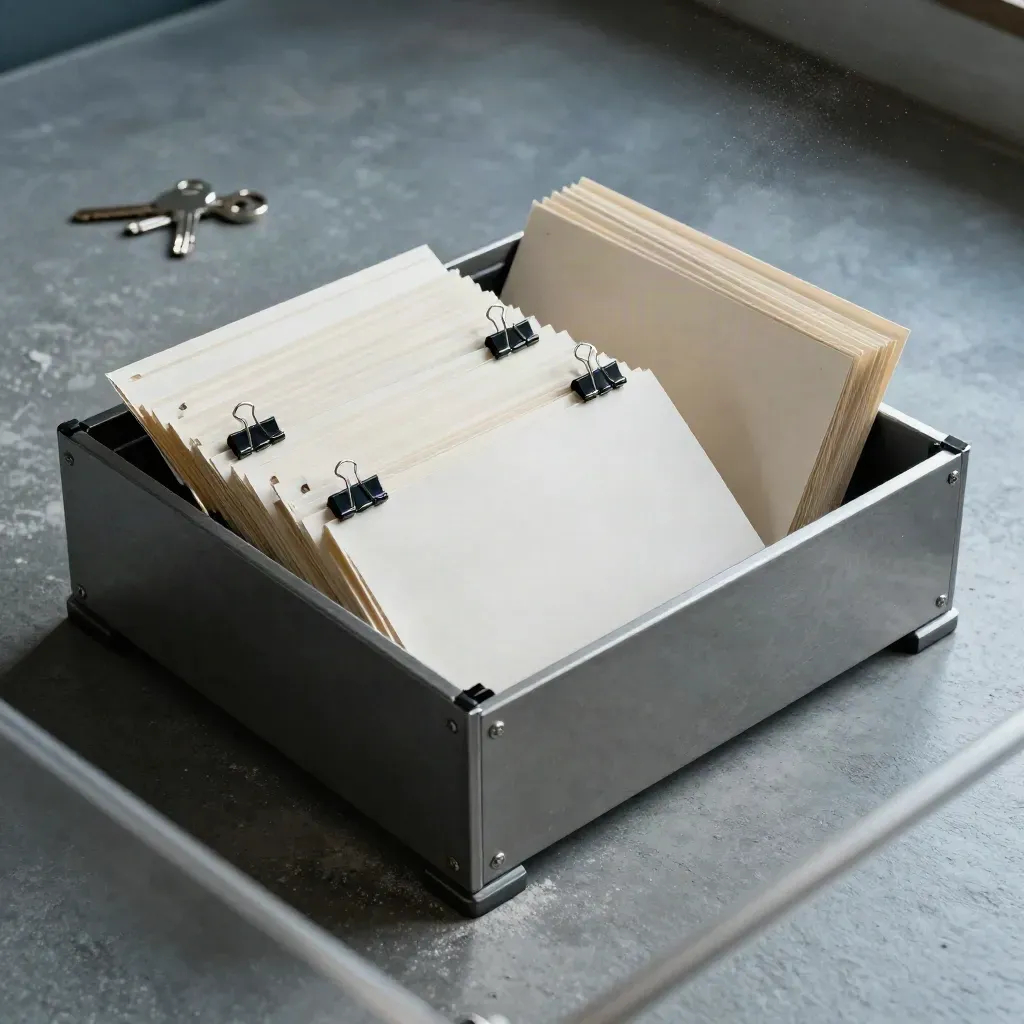 Overhead still life of a metal desk sorter, binder clips, and blank file folders on slate concrete.