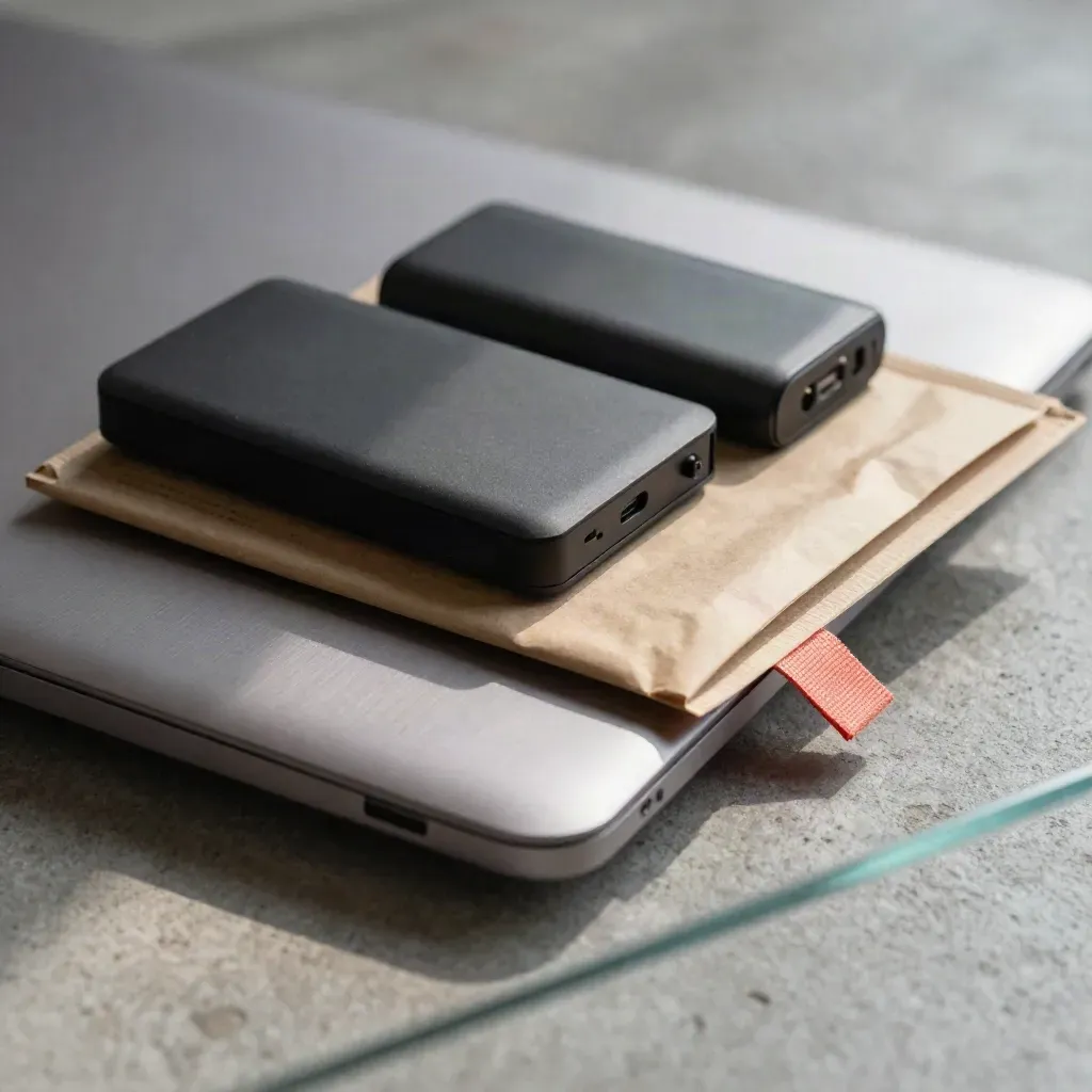 Closed laptop with SSD, power bank and folded mailer on concrete, shot through blurred glass.