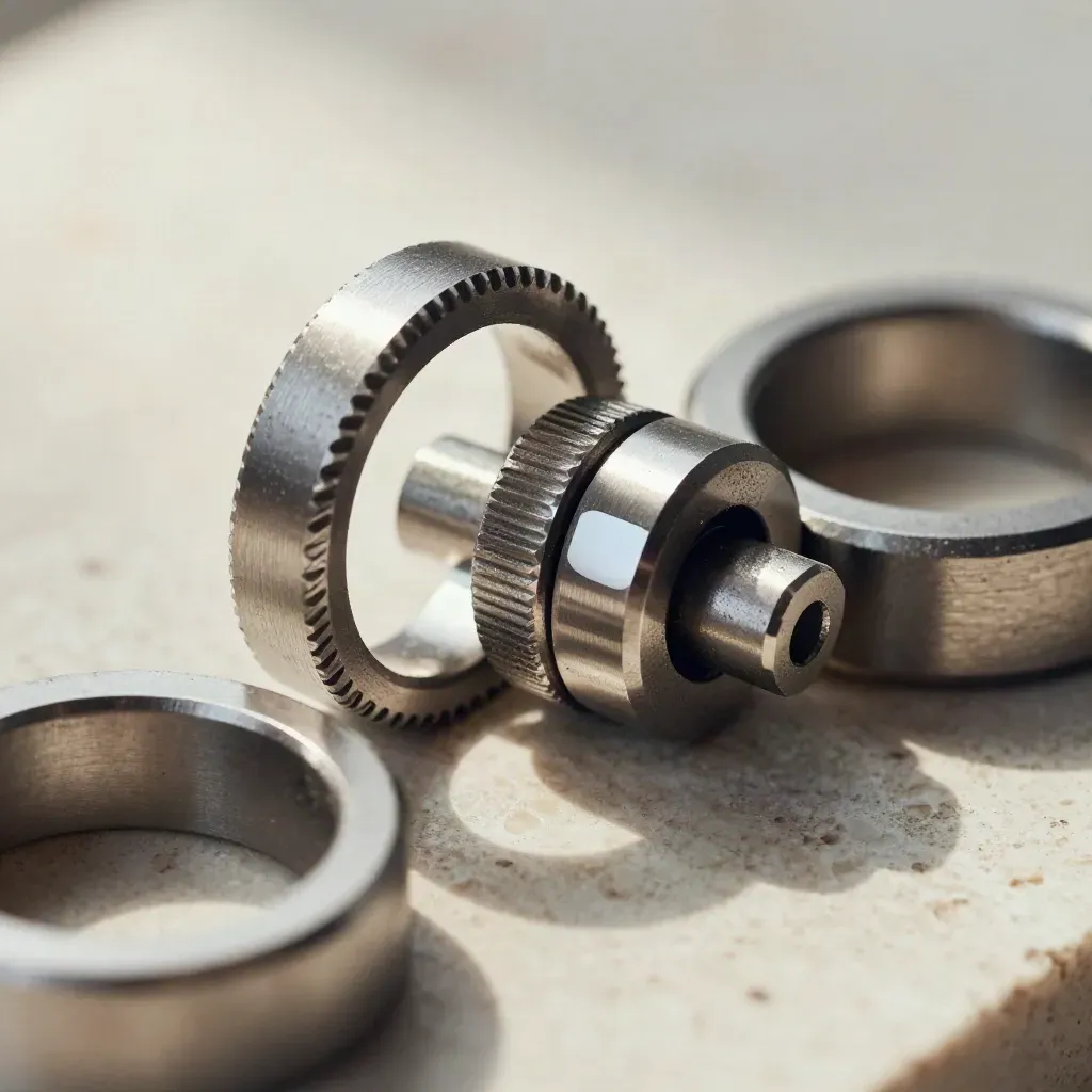 Macro still life of interlocking metal rings, coupling and spacer on cream stone with white accent.