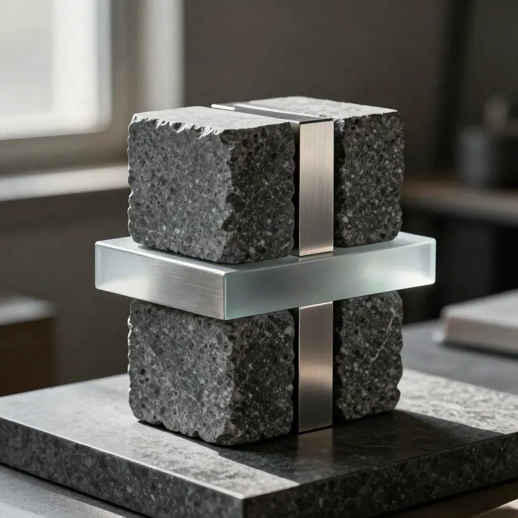 Graphite stone and metal modular blocks with a clear spacer bar on a dark stone plinth.
