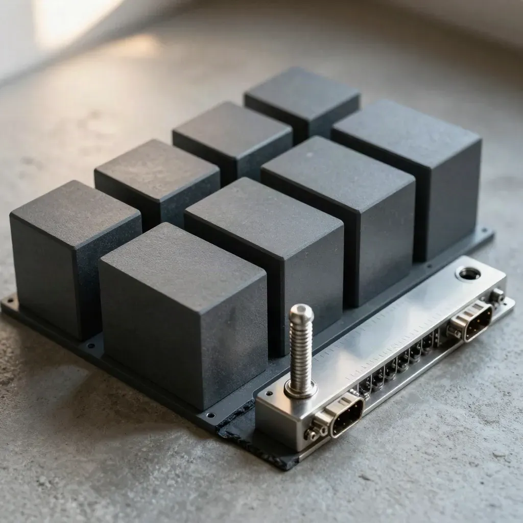 Overhead close crop of matte cubes, a linking pin and connector rail on cool concrete.