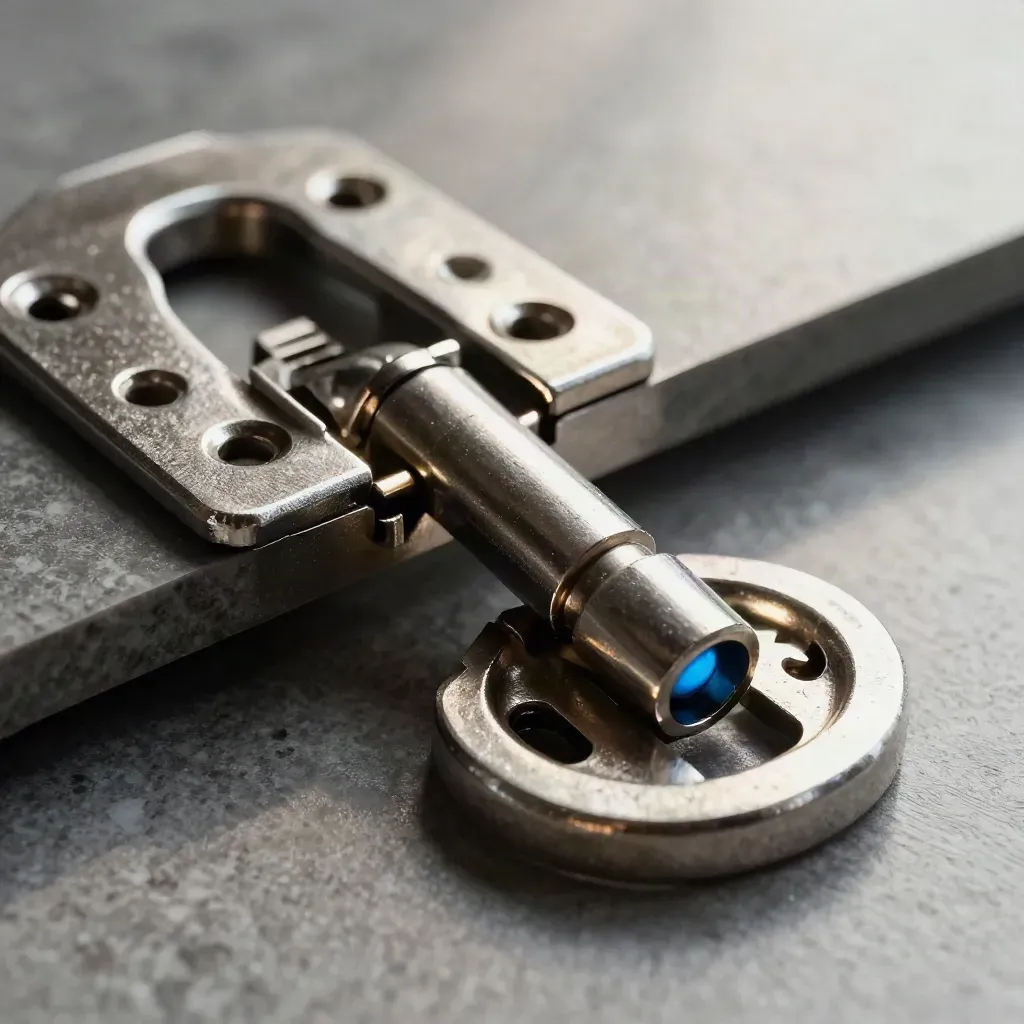 Macro of metal connector blocks and pins bridging into a stable join on limestone.