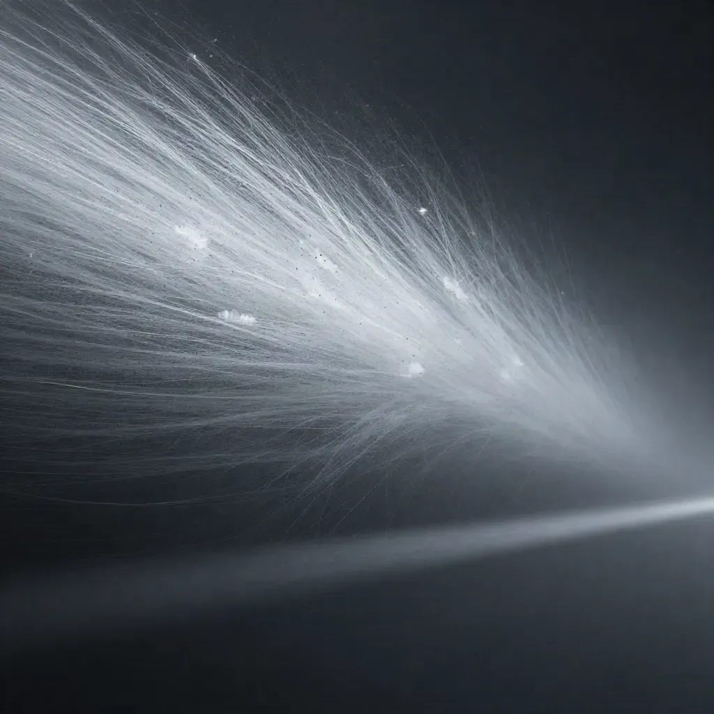 Silver filaments converging into a white bloom in graphite space with open lower-right copy area.